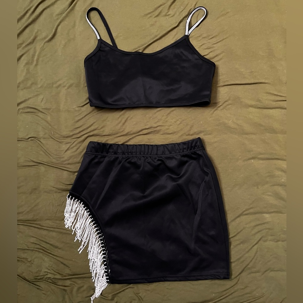 Rhinestones crop top with sparkle hangings and side slit